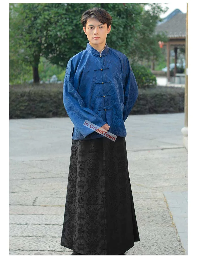 Mens Cotton Linen Gold Red Blue Black Mandarin Jacket + Long Robe Male AD 1900 - 1949 Traditional Chinese Streetwear Tang Suit