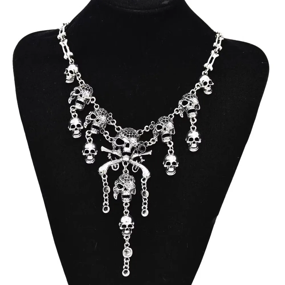 Gothic Punk Metal Vintage Skull Skeleton Statement Necklace for Women Halloween Jewelry Accessories