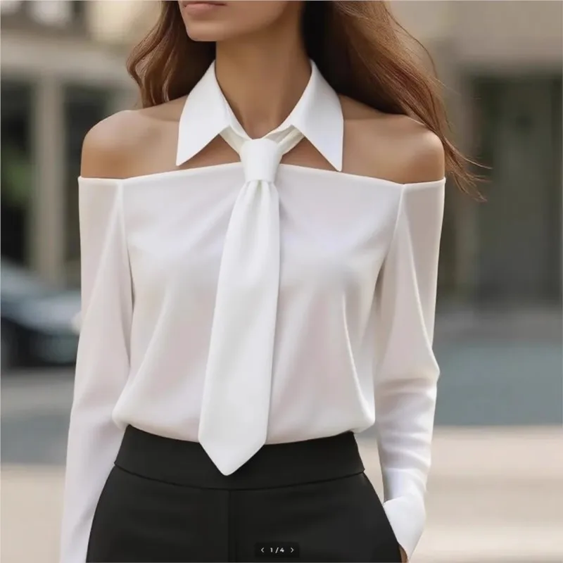 Spring And Autumn Solid Color Casual Long Sleeve Collar Tie Shirt Elegant Women's Sexy Off Shoulder Fashion Hanging Neck Blouse