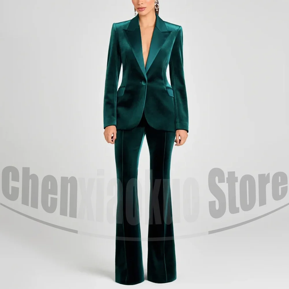 

Women's Velvet Suit Set One Button Blazer and Flared Pants Elegant Formal Wear for Evening Party Prom Slim Outfit Two Piece