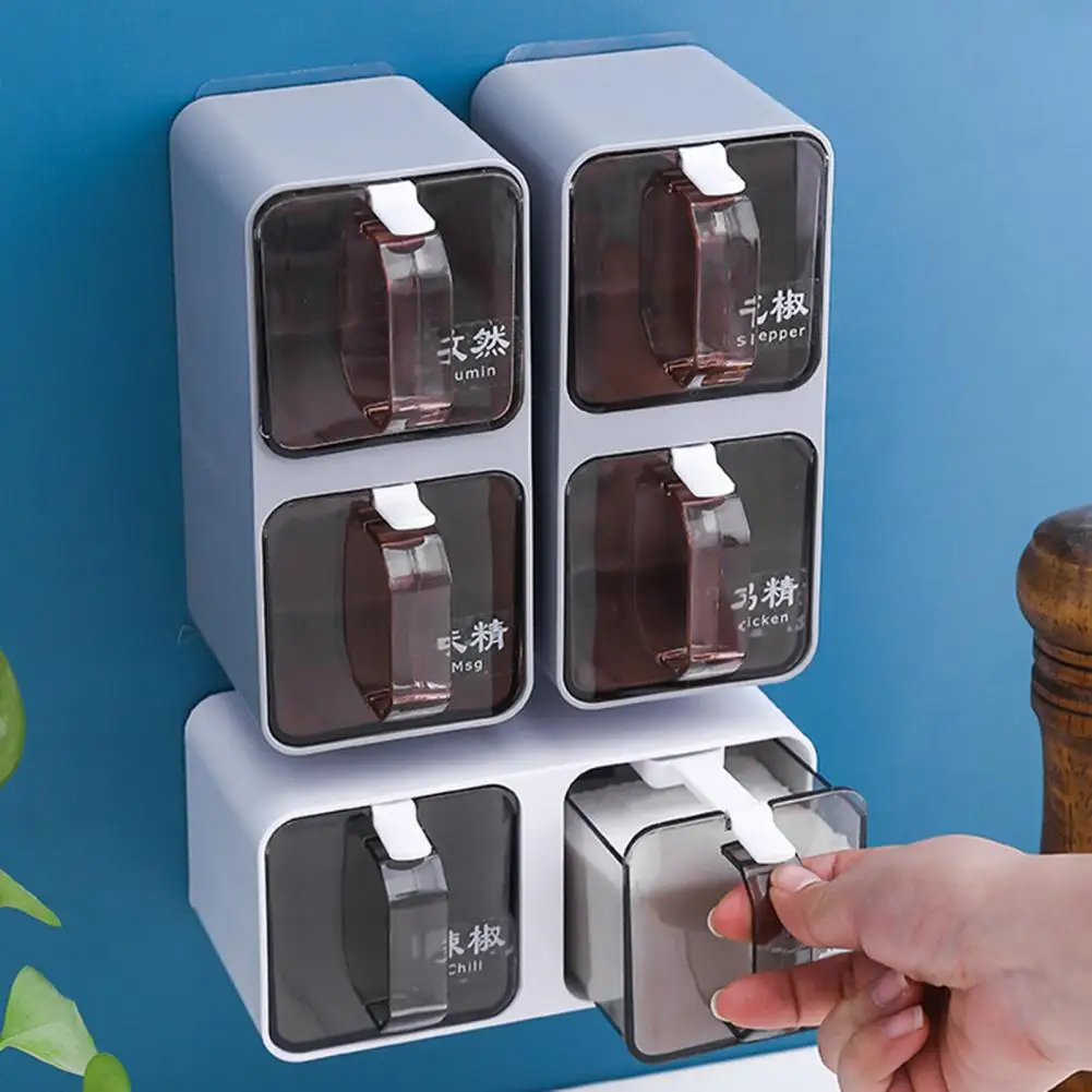Wall-mounted Seasoning Box Spice Rack Sugar Bowl Salt Shaker Seasoning Container Spice Boxes with Spoons Kitchen Combination Set
