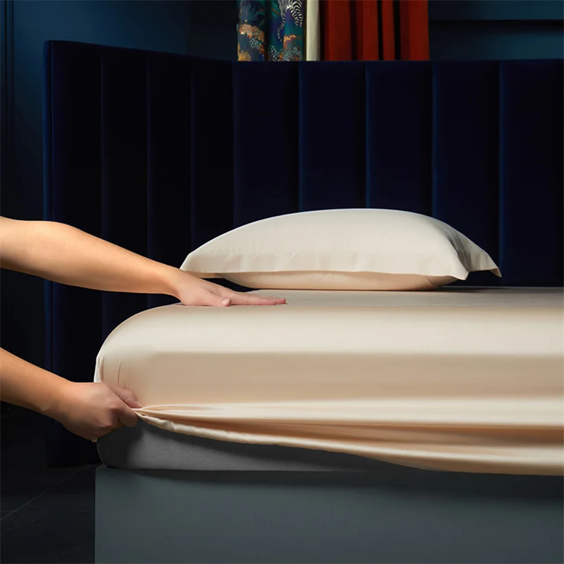 Pure Color Silk Fitted Sheet Natural Mulberry Silk Mattress Protector Cover with Elastic Band All Around Luxury Bedding Sheets
