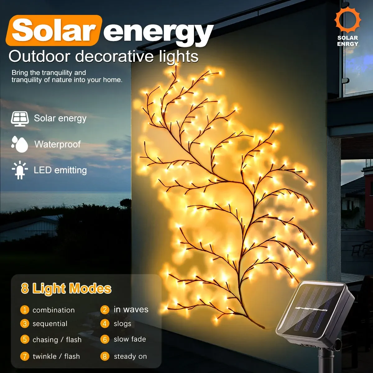 1pc Solar Willow Vine Light For Outdoor Wall Balcony Garden Decor,72/96LEDS Solar String Fairy Light Waterproof For Christmas