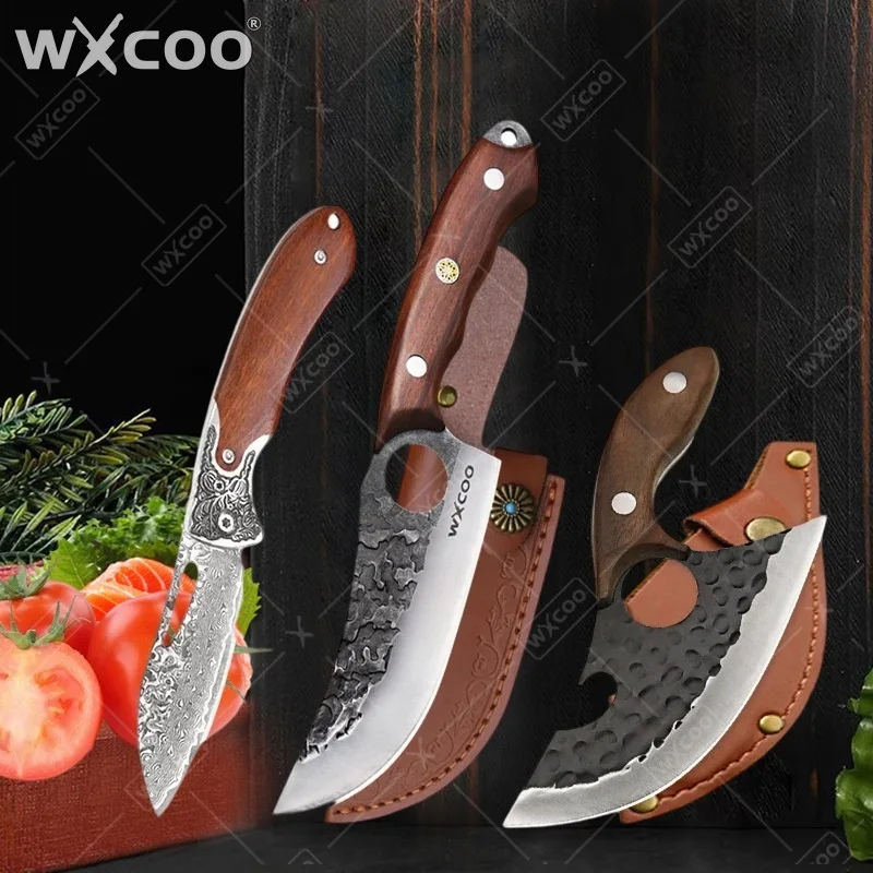 WXCOO Hand Forged Knife with Sheath Meat Cleaver Set for Cooking Butcher Knives Fillet Knife Wooden Handle Fruit Folding Knife