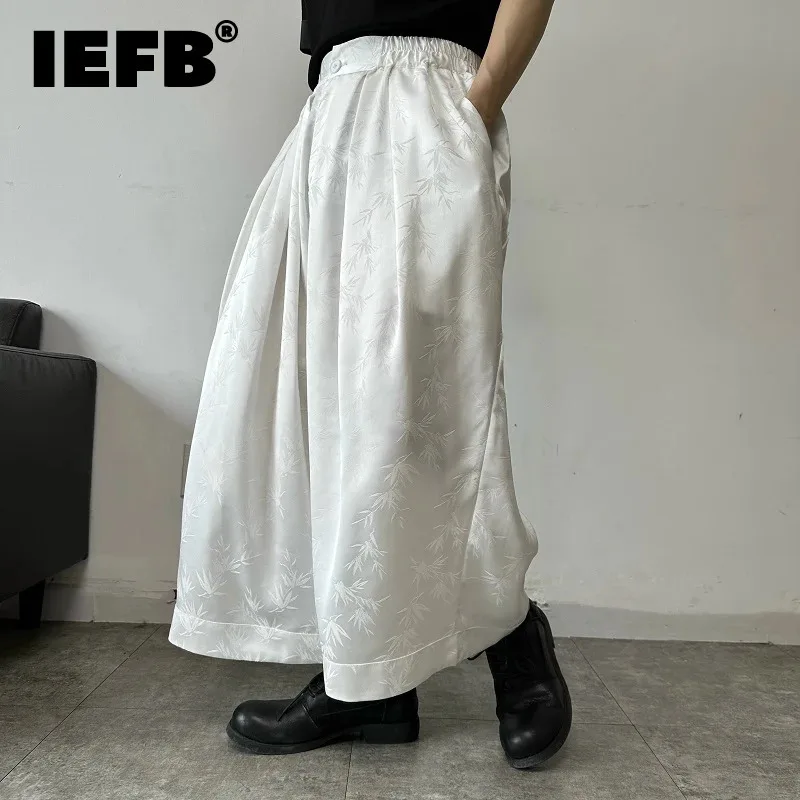 

IEFB New Chinese Style Men's Casual Pants Satin Jacquard Wide Leg Ankle-Length Pants Elastic Waist 2024 Summer Simple 9C6011