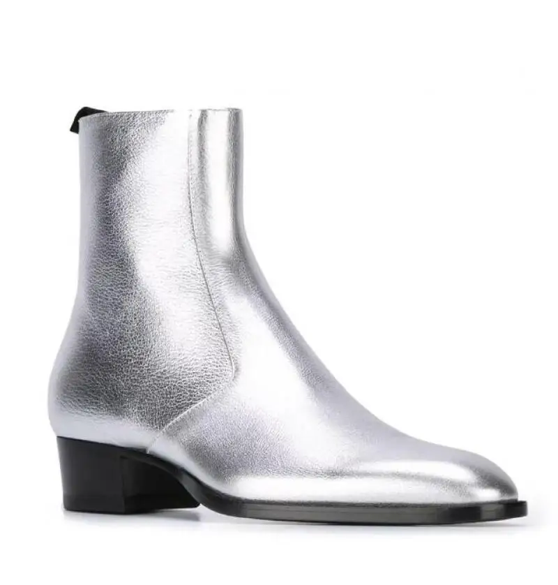 

Silver Leather Embroidered Pointed Toe Side Zipper Boots Man Lining Short Boots Plus Size 37-46