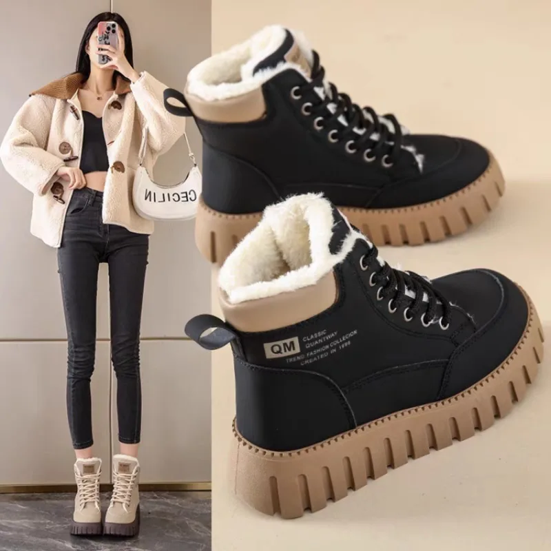 Winter Ladies Fleece‑Lined Platform Ankle Boots Lace‑Up Thick‑Sole Non‑Slip Warm High Top Casual Snow Boots Daily Outdoor Shoes