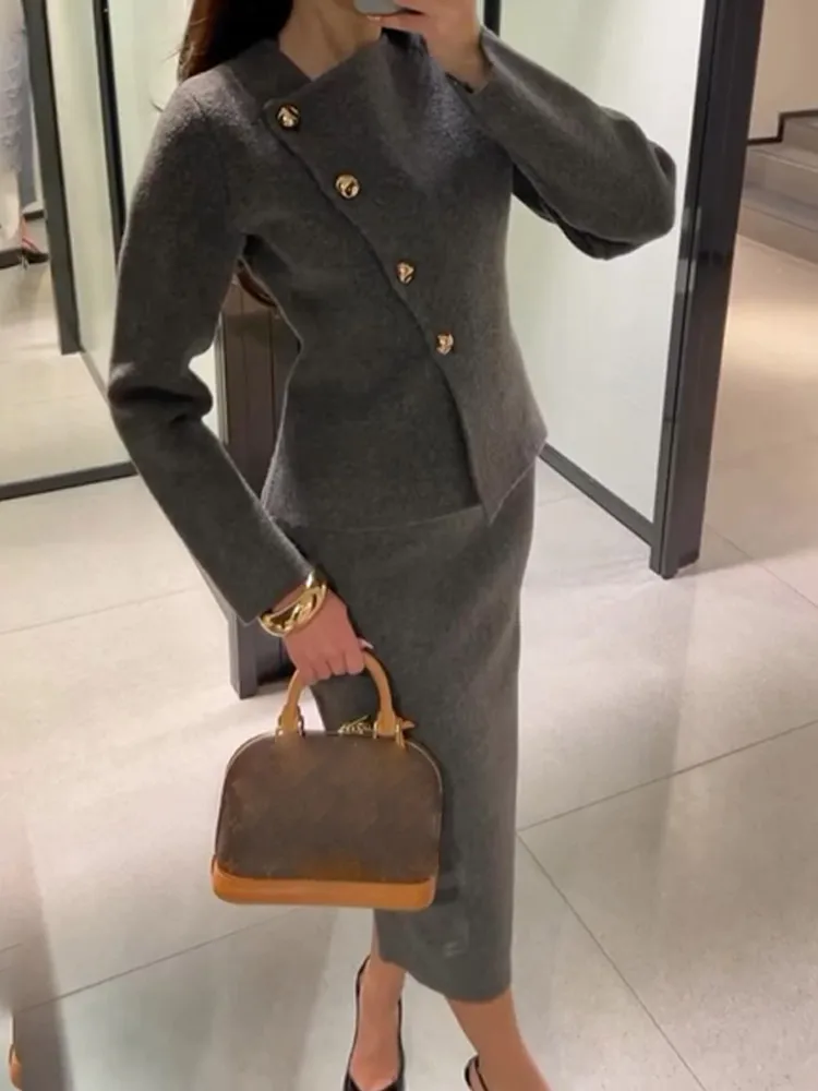 Women Slanted Collar Slim Woolen Jacket Fasion Elegant Single Breasted Gray Coat Spring New Office Commuting Casual Outerwear