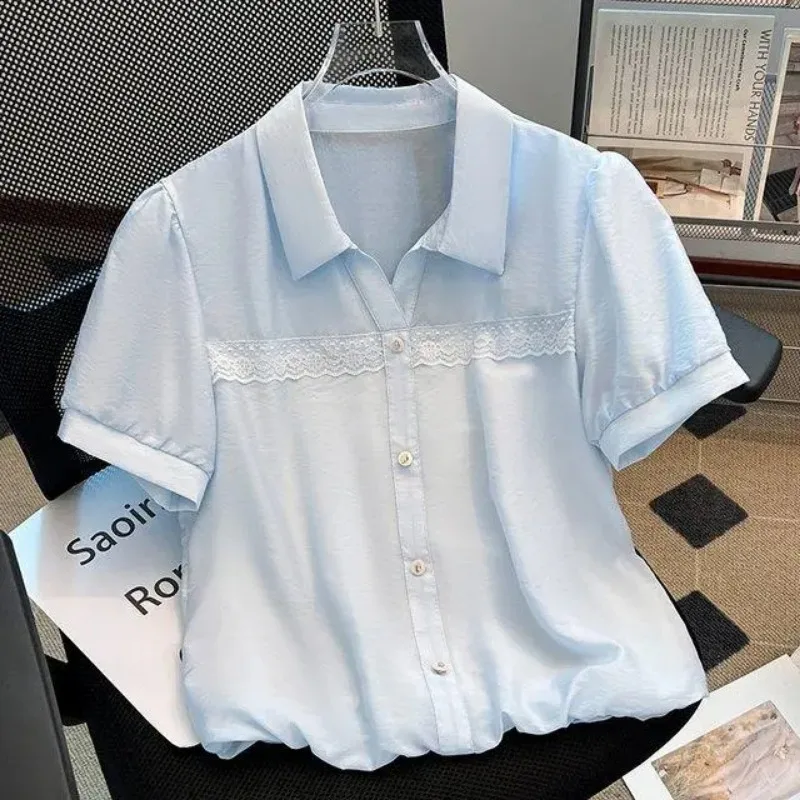 

Women's Lace Trim Short Sleeve Blouse Casual Turn-Down Collar Button Down Shirt
