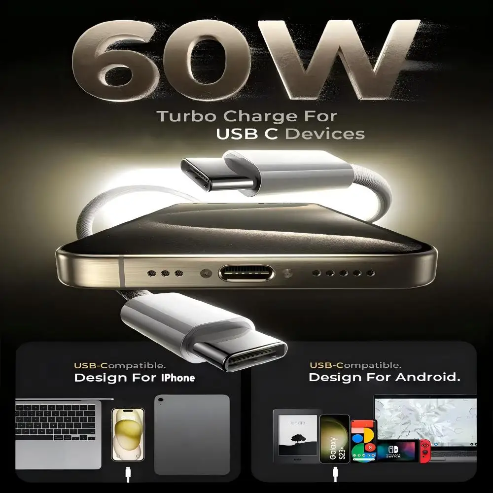 USB TYPE-C Cable For iPhone 17 16 15 Pro Max PD60W Fast Charging For Huawei Xiaomi Samsung USB C Weaving Cable Accessories