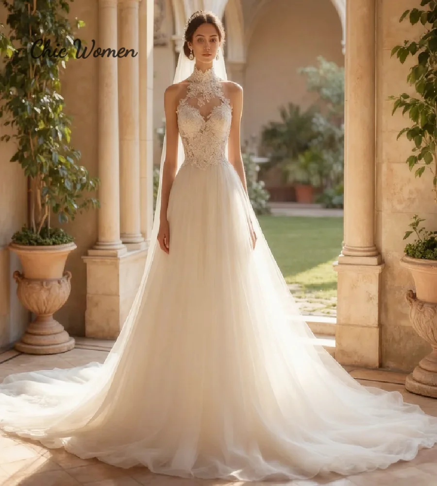 Minimalist Halter Boho Wedding Dress 2026 Top Lace A Line Tulle Country Bride Dresses Sweep Train Civil Boho Princess Garden