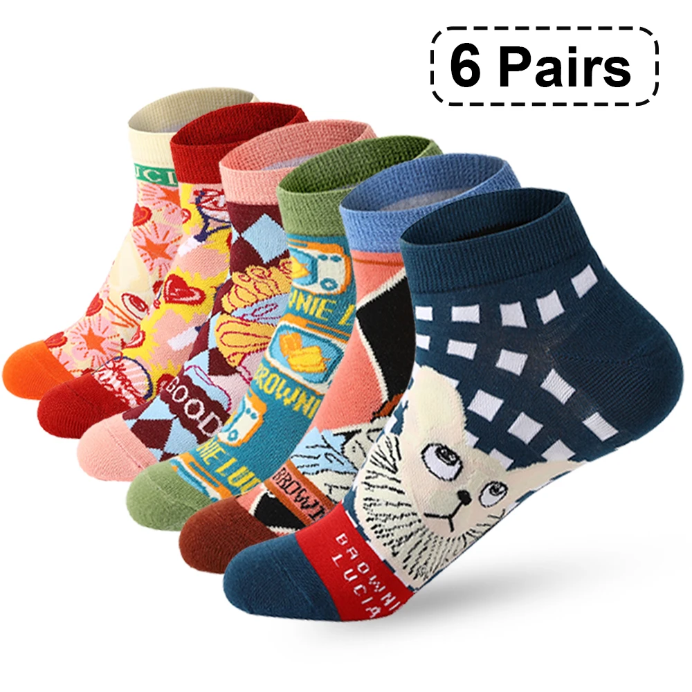 6pair/batch Fashion Cartoon cat women Short Socks Soft Breathable Cotton Casual Socks Male boat Socks Cotton Men\'s ankle Socks