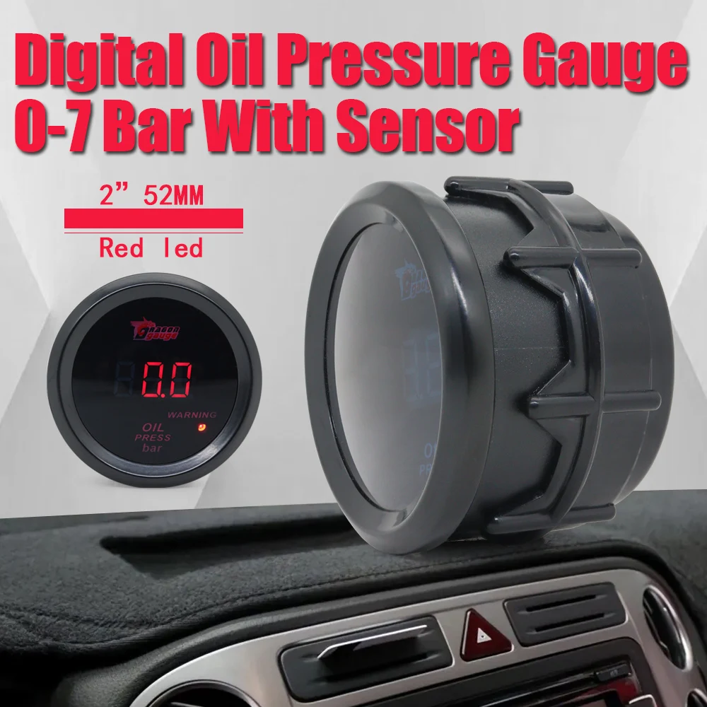 DRAGON GAUGE 2\'\' 52MM Digital Display Car Oil Pressure Press Gauge BAR Red Led Oil press meter Car Meter