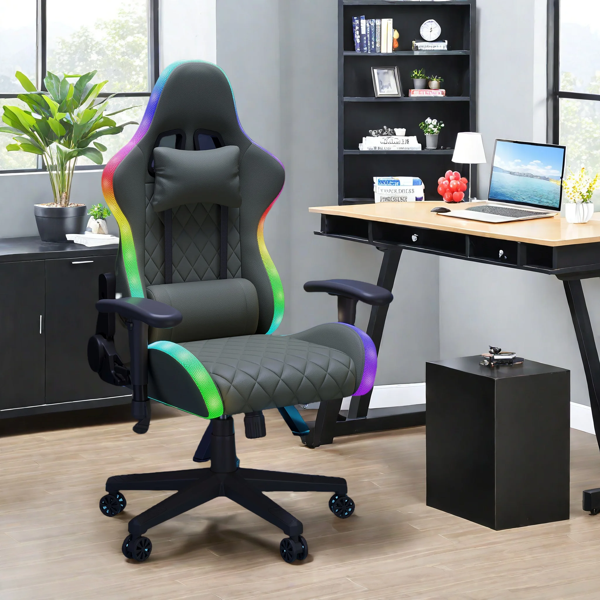 Silla de juego, silla de juego ergonómica con LED, silla de computadora ajustable para adolescentes, cojín lumbar, silla para jugadores, negra