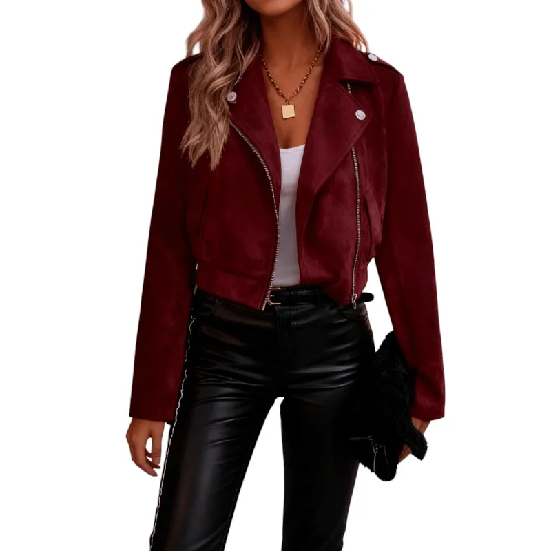 Faux Suede Biker Jacket Zip up Lapel Short Moto Style Long Sleeve Cropped Outerwear for Casual Streetwear Fall Winter