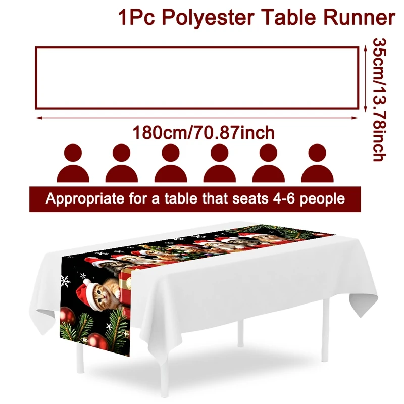 180*35cm Christmas Table Runner Xmas Tree & Cat Design Tablecloth for Winter Holiday Home Table Decor Christmas Decorations 2026