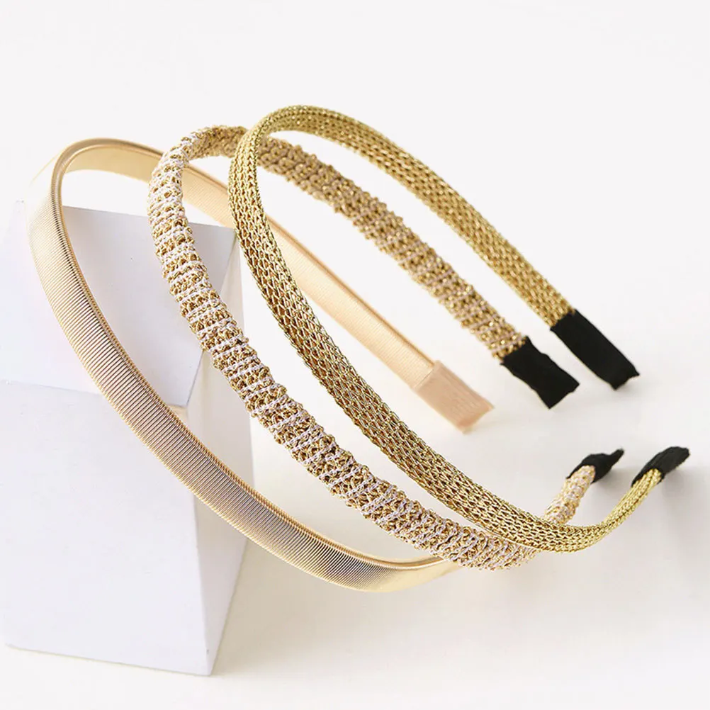 

3pcs Golden Thin Headbands Metal Covered Hair Hoops Party Hair Accessories For Women Birthday Prom Decorative Headwear