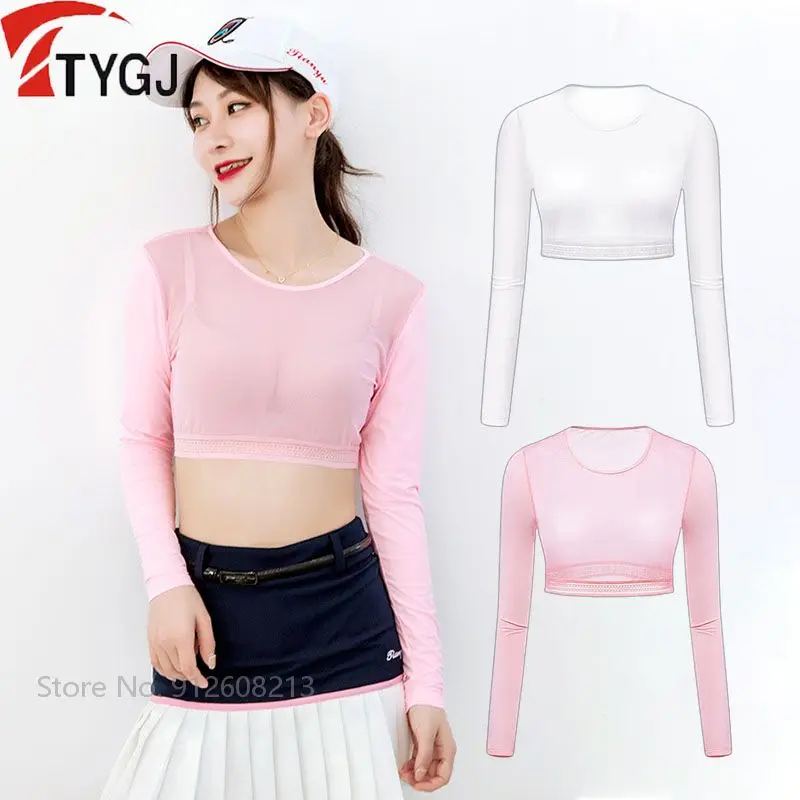 Ttygj Female Sunscreen Bottoming Golf Tops Ladies Quick-Dry Golf Shirts Women Long-Sleeved Cropped T Shirt Round Neck Slim Wears