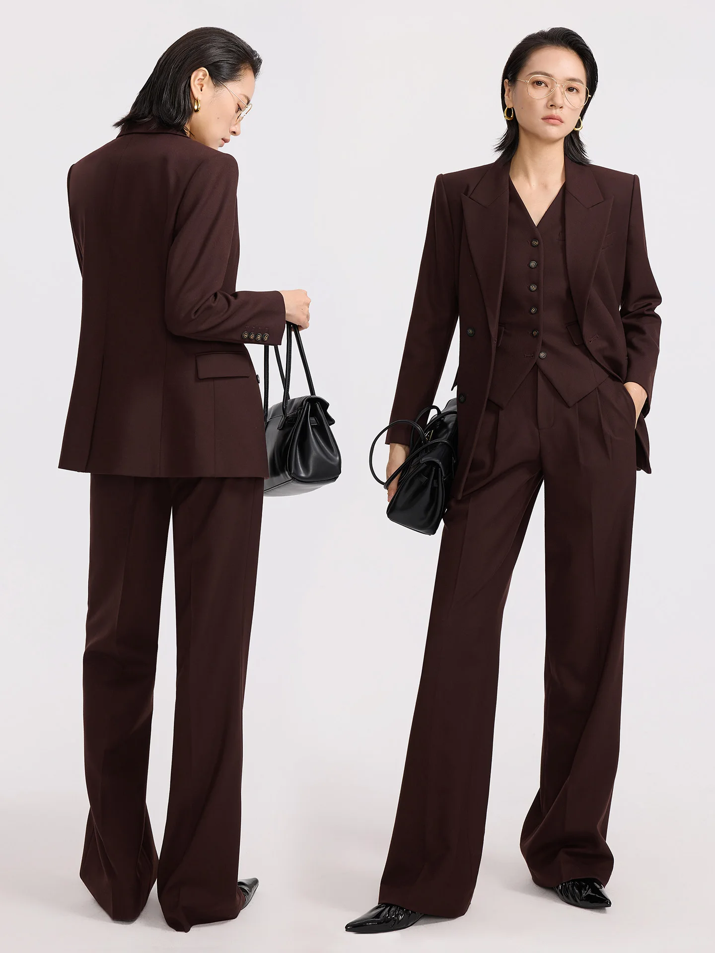 

Ele Brown Coffee Tee-Piece Suit Outerwear for Women Office Commute Sle Polyester Fiber Long Sve Button Detail