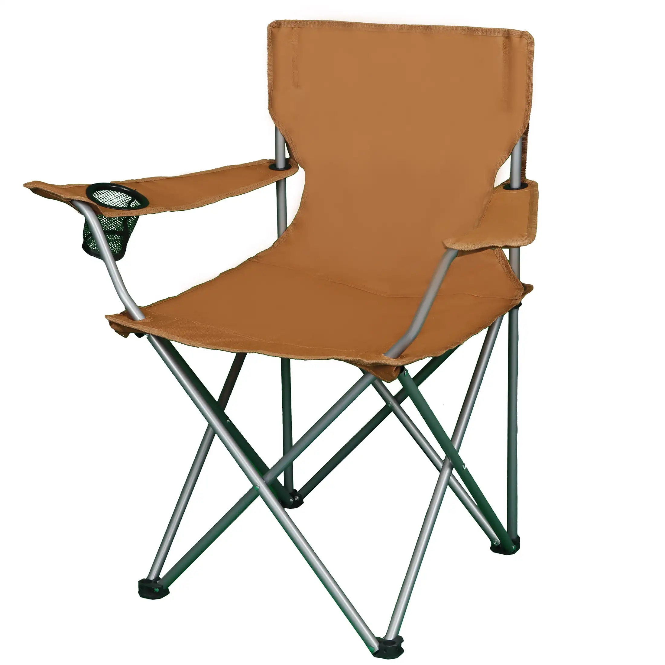 Basic Quad Folding Camp Chair with Cup Holder, Brown, Collapsible, Portable, Adult