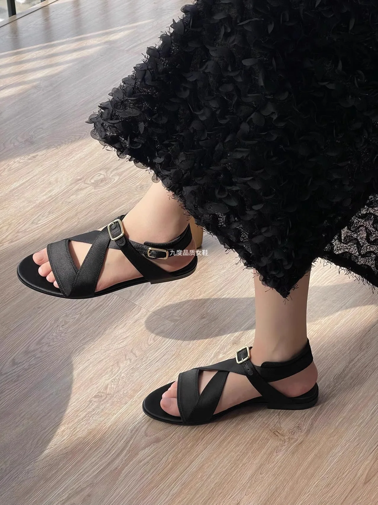

French Style Silk Open Round Toe Sandals Cross Strap Buckles Flats Comfortable Casual Simple Black Women's Shoes Sandalias Mujer