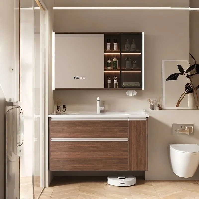 Walnut medieval bathroom cabinet combination drawer stainless steel pull basket washbasin bathroom ceramic