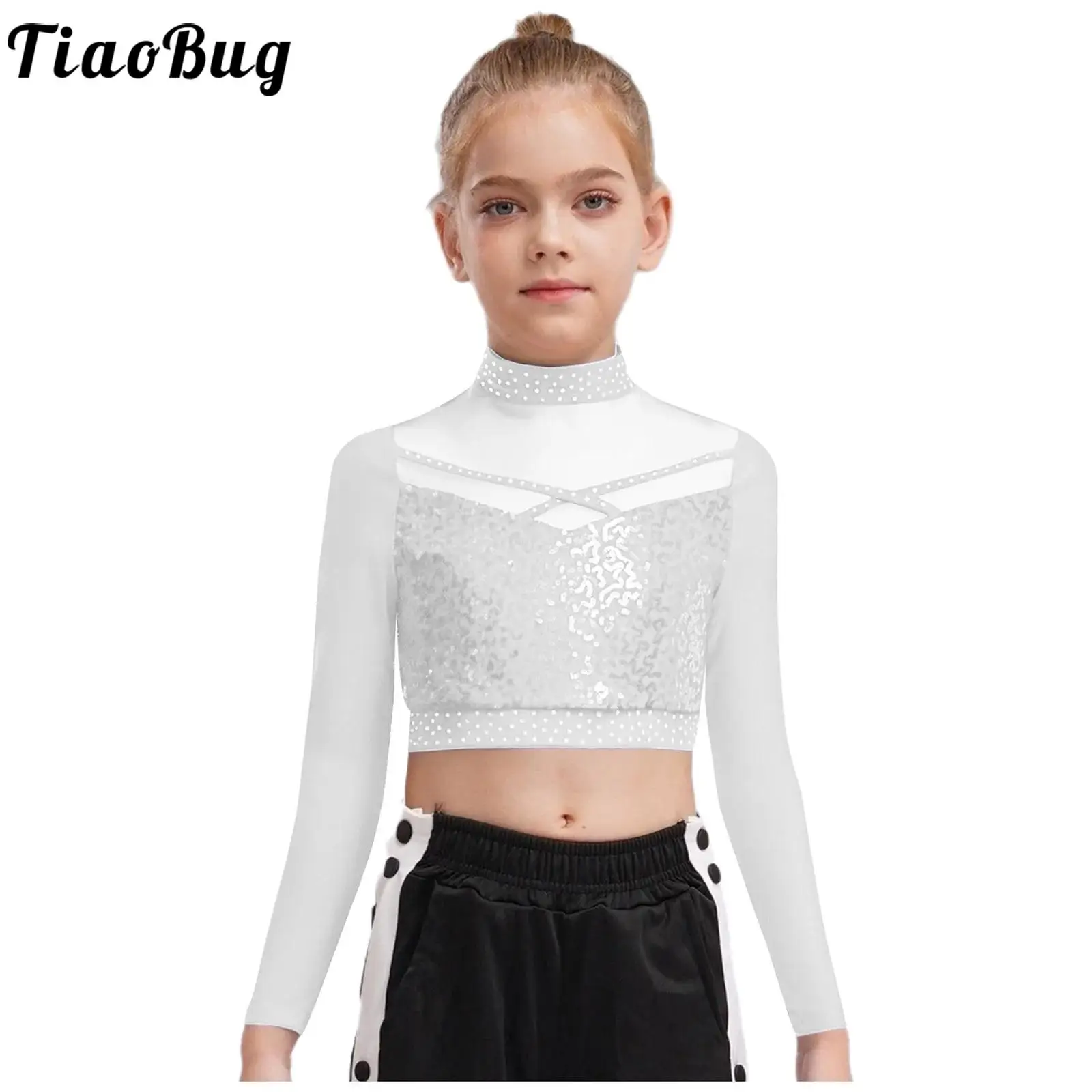 Girls Jazz Hip Hop Dance Crop Top Shiny Sequin Long Sleeve Sheer Mesh Tops for Ballet Gymnastic Figure Skating Stage Performance