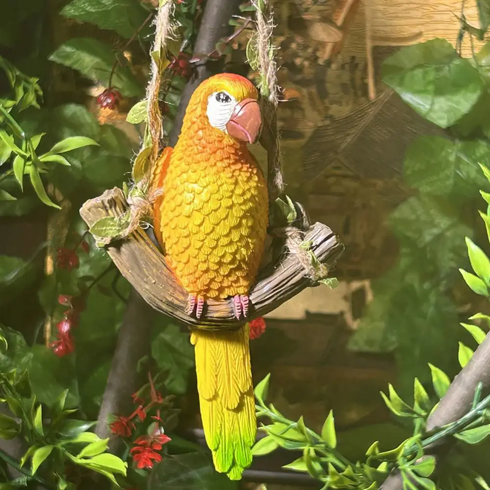 Hanging Parrot on Swing Statue Tropical Bird Sculpture Colorful Bird Ornament for Garden Tree Patio Balcony Porch Tree Decor