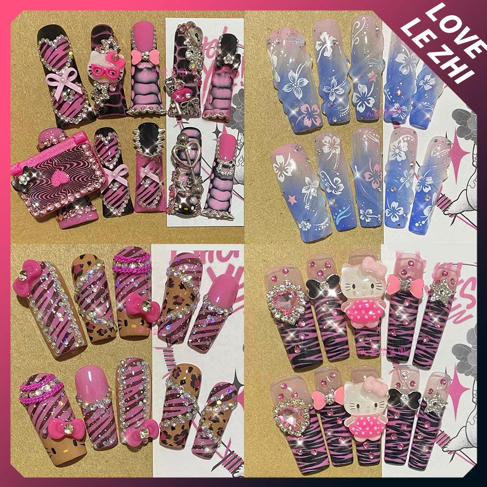 Sanrioed Hello Kittys Long Duck Handmade Press On Nails Y2K Leopard Print blossoms Wearable Reusable Fake Nail Customizable