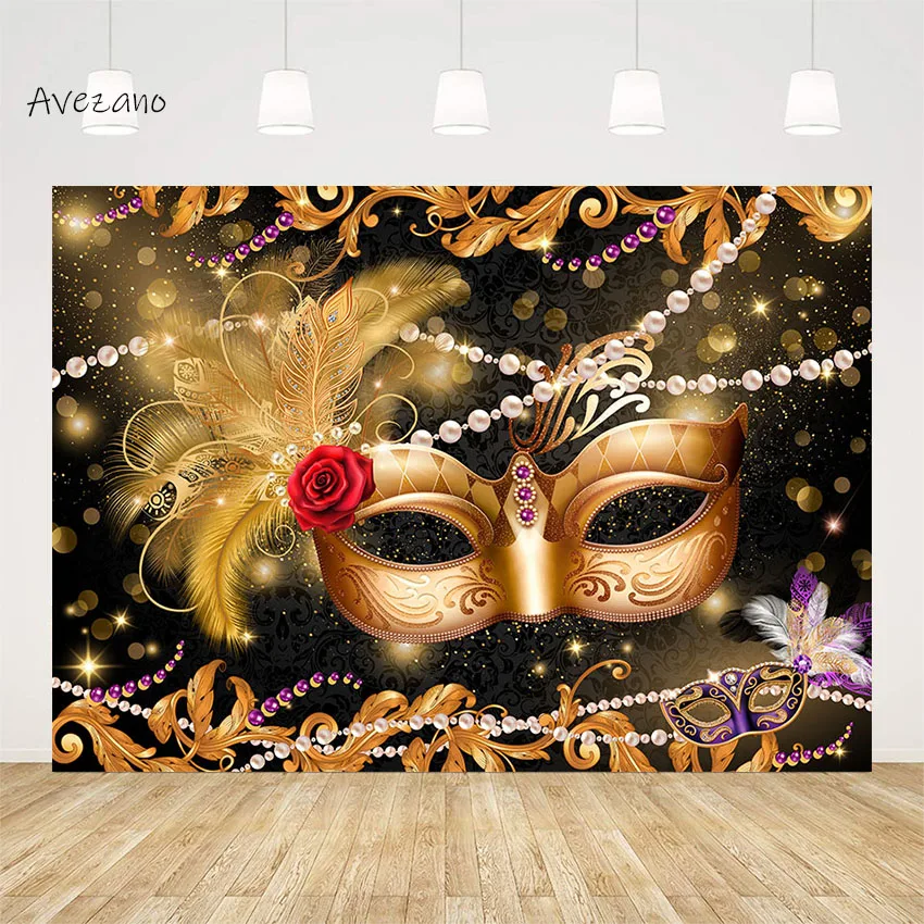 

Avezano Photography Background Gold Mask Jewellery Masquerad Mardi Gras Carnival Party Girl Birthday Backdrop Photo Studio Decor