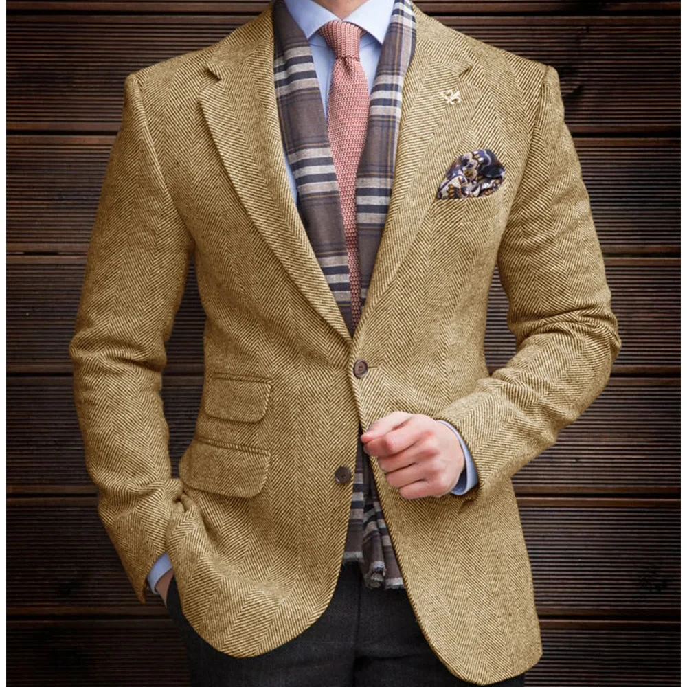 

2025 Men's Vintage Herringbone Tweed Blazer British Wool Blend Double Breasted Lightweight Casual Sport Coat Formal Jacket