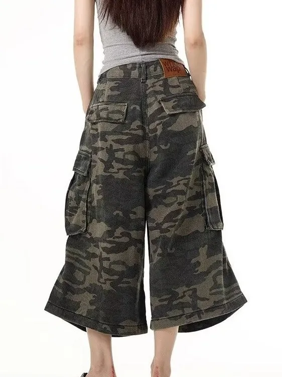 Celana Jeans Kerja Retro Kamuflase Amerika, Model Longgar Lurus Lebar, Multi-ket Kasual untuk Pria dan Wanita