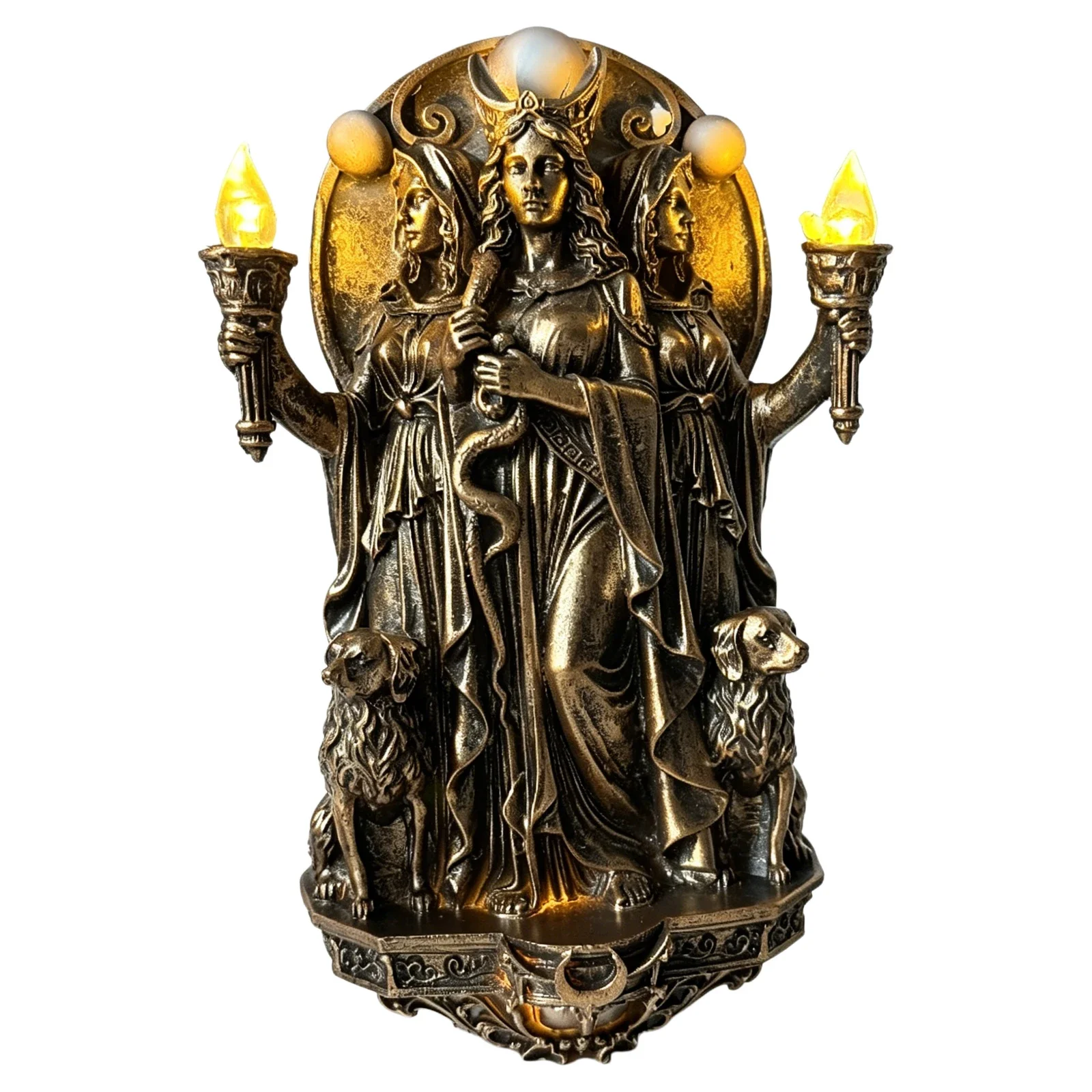 Triple Goddess Wall Lamp with Torches & Dogs Wall Mounted Lights Cordless Design Sconce Lamps for Study Bedroom Reading Bedside
