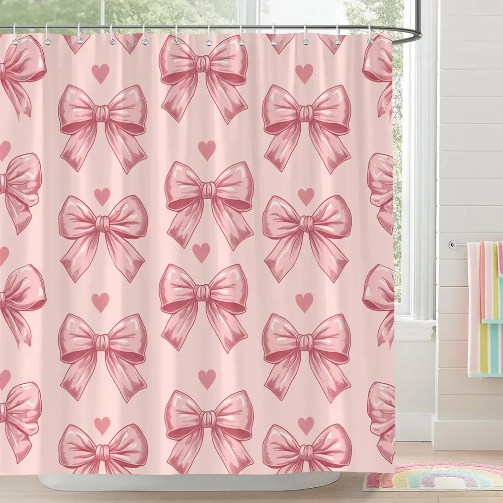 Rainbow Castle Pink Bow Shower Curtain Love Hearts Stars Stripes Colourful Clouds Polyester Fabric Shower Curtain Bathroom Decor