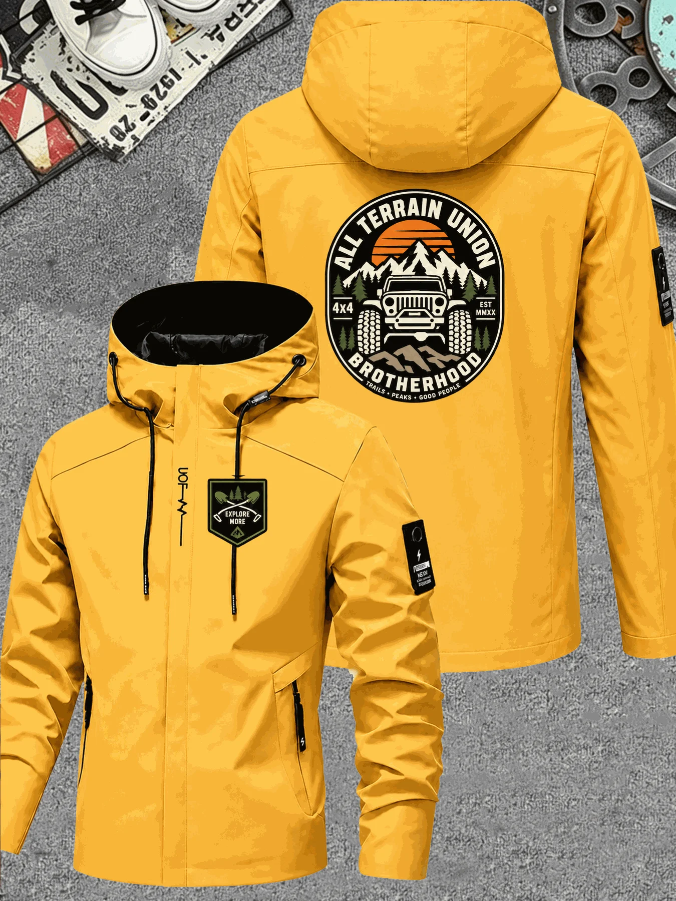 Men Hooded Jacket Travel Adventure Graphic Print Zip Up Windbreaker Casual Streetwear Autumn Coat
