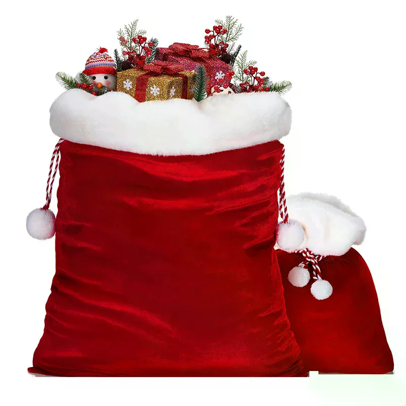 Natal de pelúcia saco de papai noel cordão com pom pom para crianças saco de presente de natal de luxo feliz natal