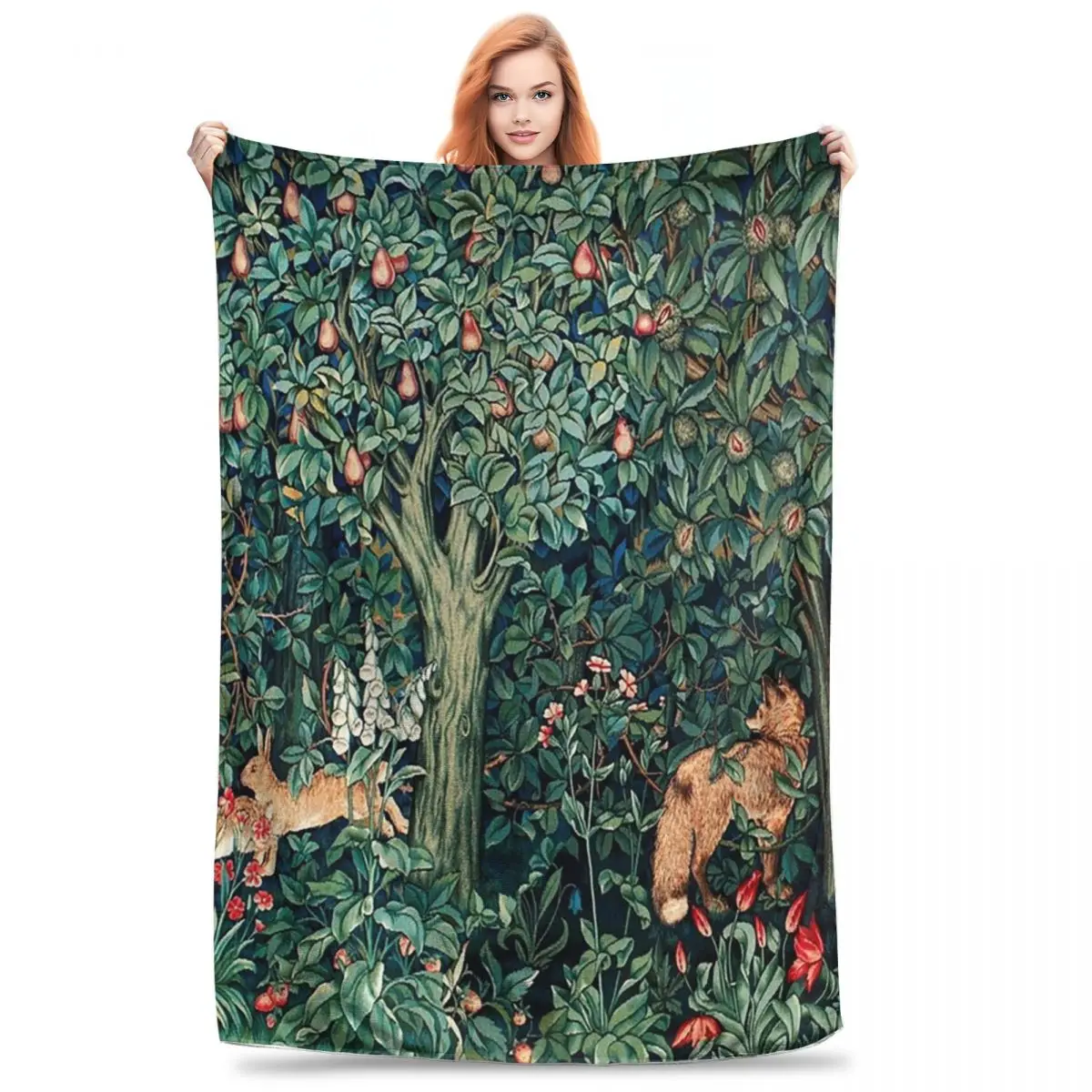 Forest Animals Fox And Hares Blue Green Floral Blanket Flannel Breathable Sofa Throw Blankets For Home Outdoor Throws Bedspread