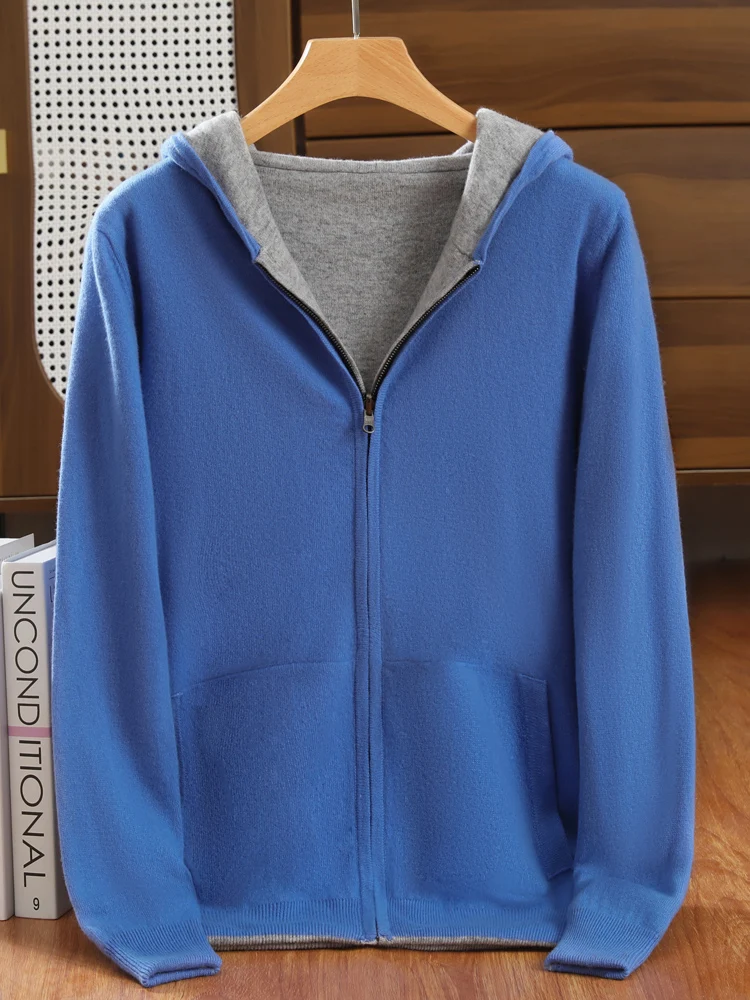 Cardigã Masculino de Cashmere com Capuz e Zíper Dupla Face, Cores Contrastantes, Grosso e Solto, Suéter Casual de Tricô para Outono e Inverno
