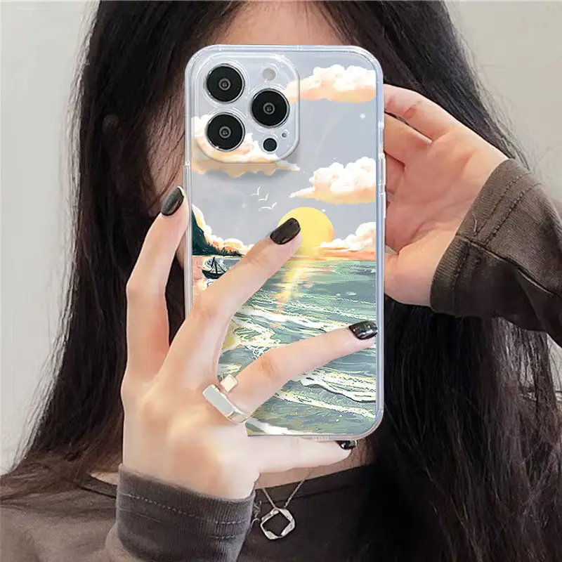 شفافة الجمالية شاطئ البحر الغروب مشهد جراب هاتف آيفون 16 15 14 13 12 11 بروماكس X XS XR 7 8 زائد جراب هاتف غطاء