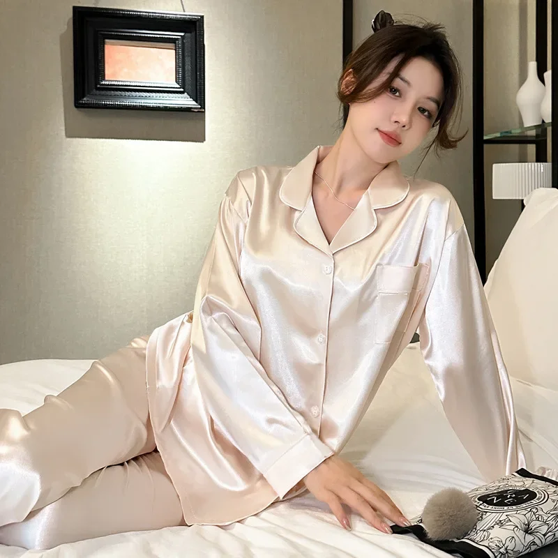 Women's Pajamas Sets Spring Autumn 2 Piece Buttons Down Pyjama Faux Silk Satin Sleepwear Long Sleeve Pijama Mujer Pjs Homewear