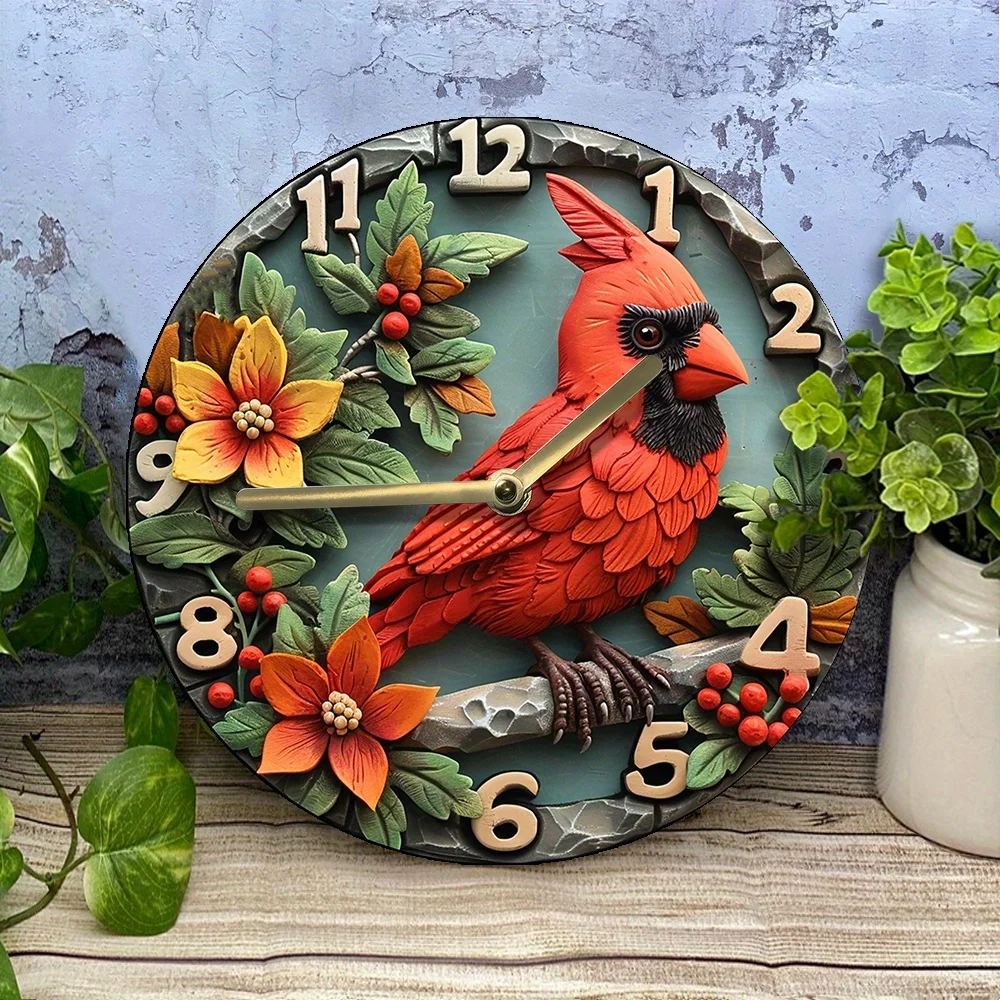 Silent Aluminum Wall Clock With Cardinal Red Bird Design - Perfect For Autumn Bedroom Decor & Summer Vacation Gifts