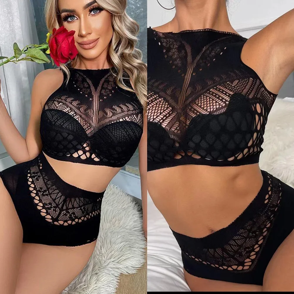 ชุดชั้นในสุดเซ็กซี่แบบตาข่ายสำหรับผู้หญิงชุดชั้นในแบบสองชิ้นชุดบรากางเกงในแบบตาข่ายชุดชั้นในชุดบอดี้สูทซีทรูสีดำ