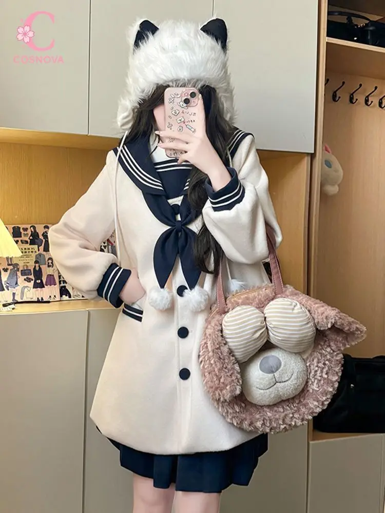 Kawaii JK Uniform 2 Piece Set Women Sailor Collar Bow Tie Pom Pom Woolen Mini Pleated Skirt Slim Fit Dress Daily Outfit