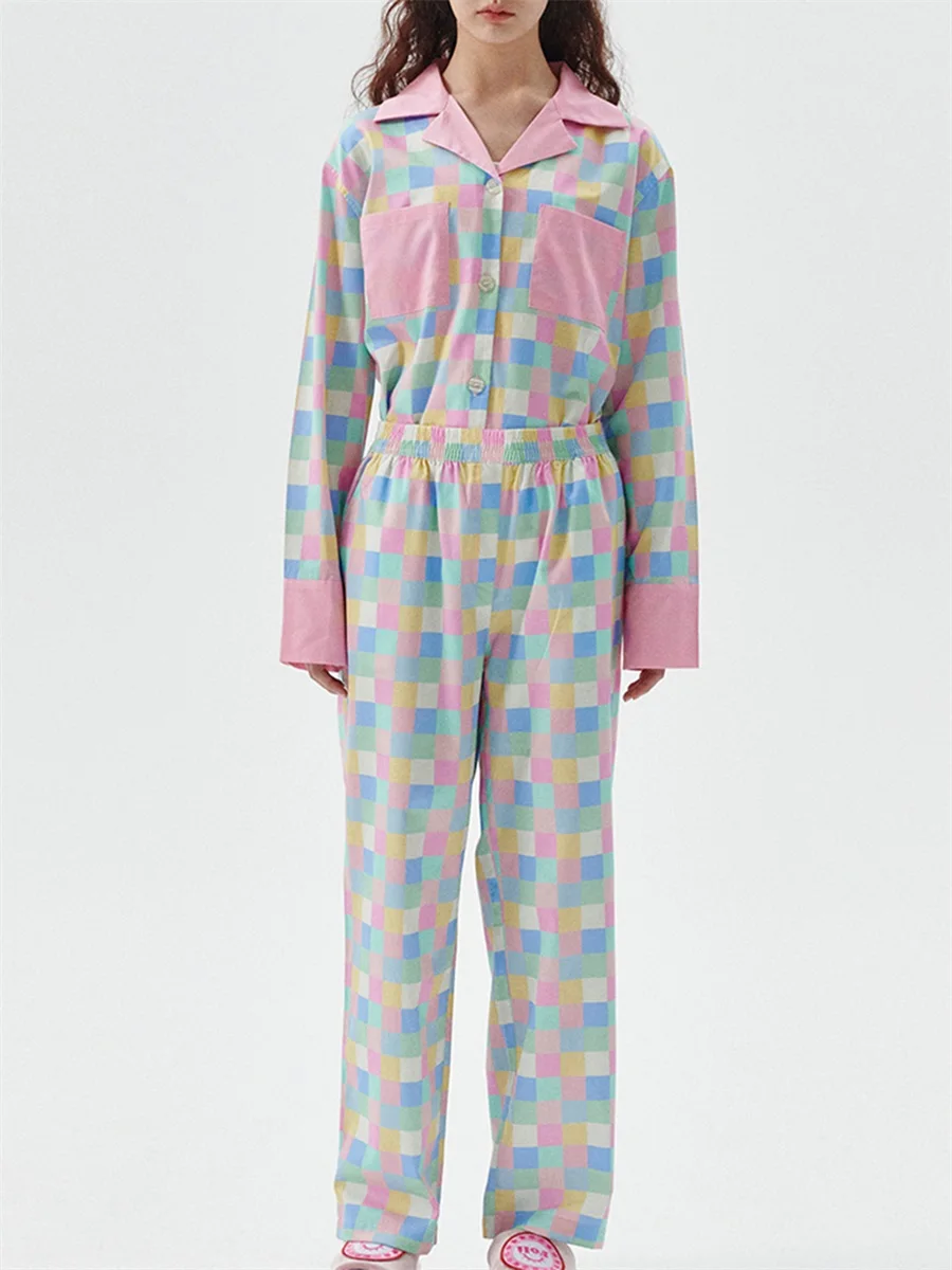 Женский пижамный комплект из 2 предметов, красочная клетчатая рубашка с длинными рукавами и эластичные брюки для домашней одежды, мягкая одежда для сна