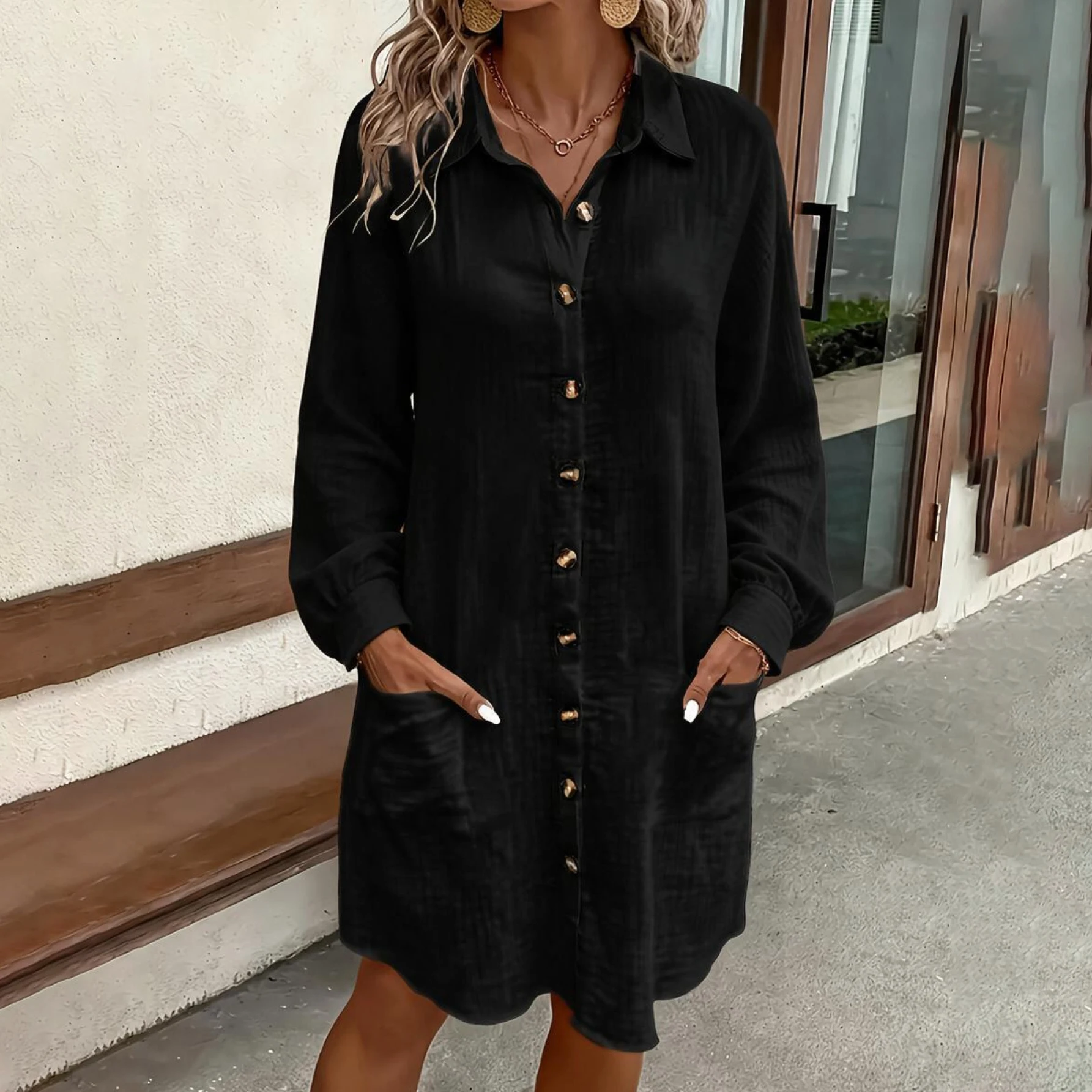 Spring Summer Women Turn Down Collar Shirt Dress Loose Oversized Button Front Midi Dress With Side Pockets Casual Beach Dress Mu