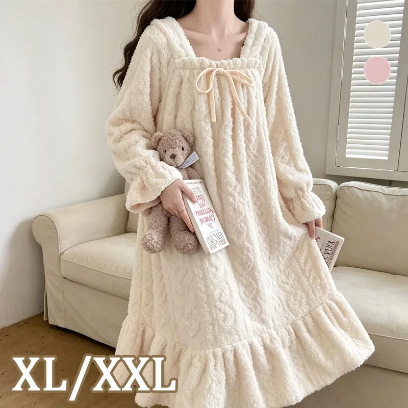 1-2PCS Pijama de invierno para mujer, camisón de forro polar grueso, vestido largo de manga larga con lazo, cálido, para el hogar, otoño e invierno