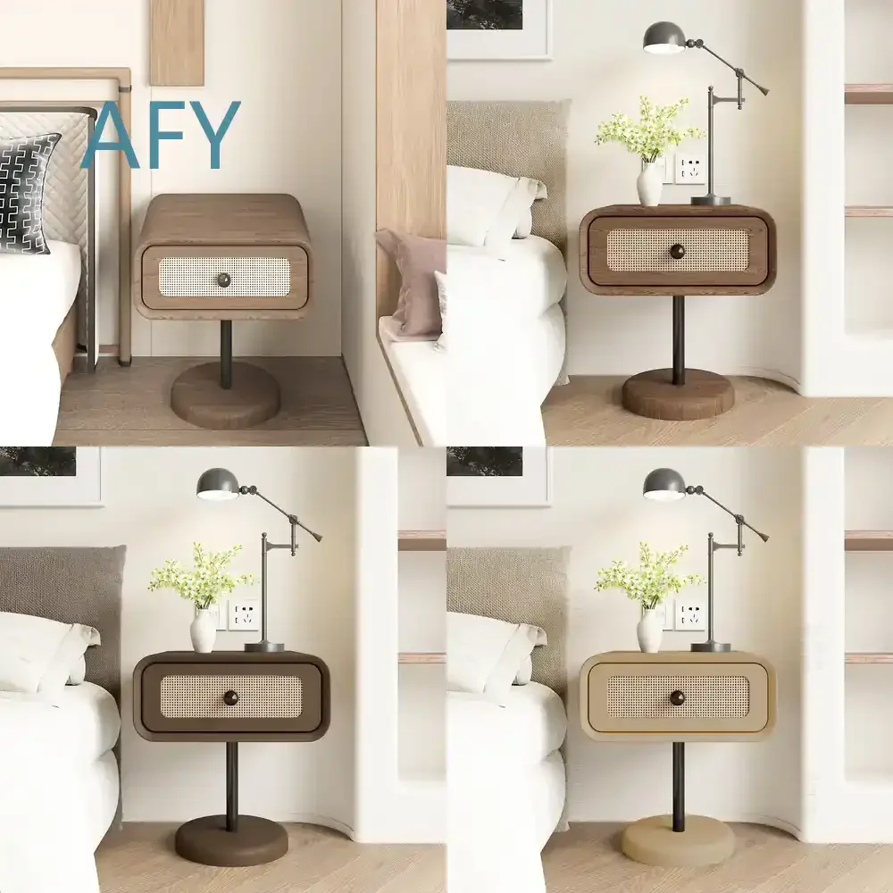 Massivholz-Nachttisch für Schlafzimmer, Nachttische für Wohnraumdekoration im Modernen Rustikalen Vintage-Stil, Kunststoff-Rattan-Aufbewahrung