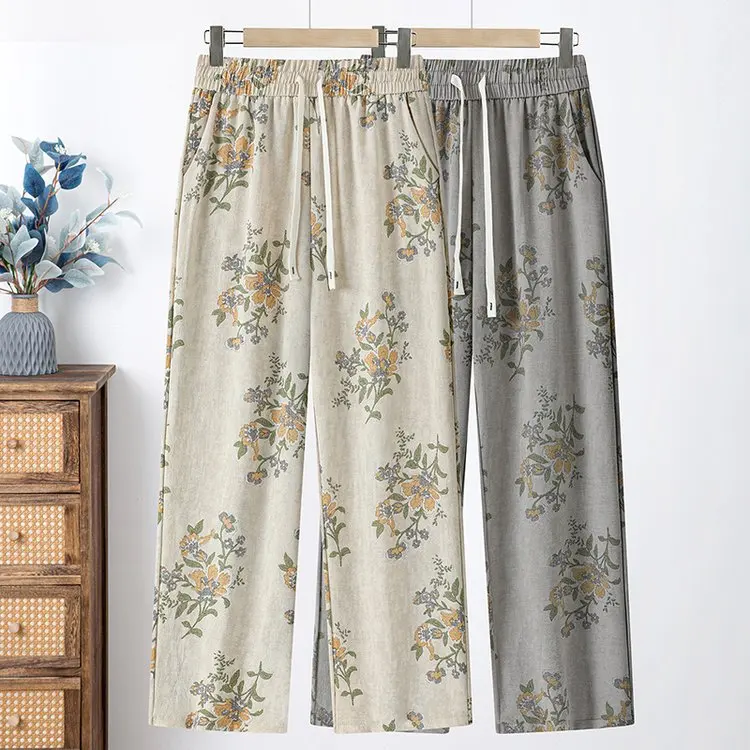 Pantalones Casuales de Lino con Estampado a Color y Cintura Alta para Mujeres de Mediana Edad, Estilo Mamá, Pierna Recta, Lar...