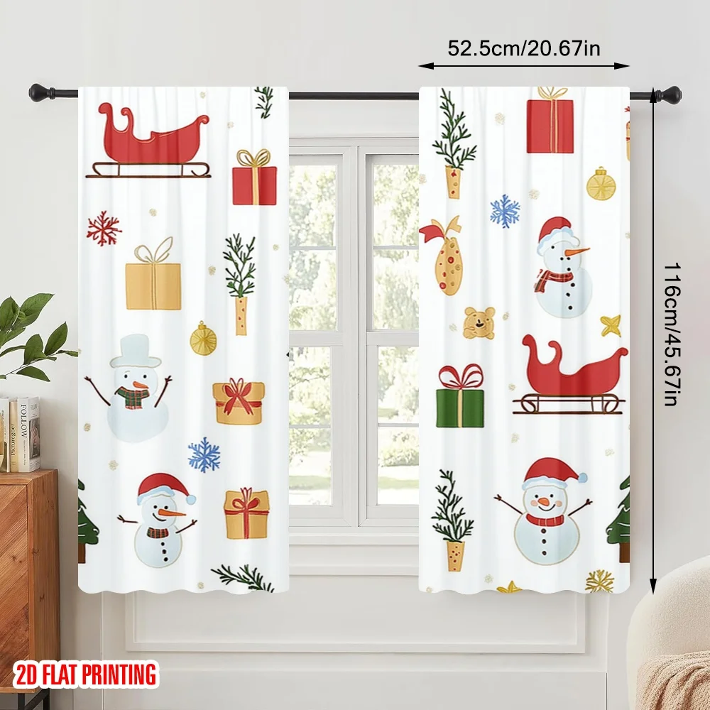 2pcs,2D plane printing Curtain Fabric Christmas Trees Gifts Snowmen (3) Polyester Easy Install (without rod) Decorations Outdoor
