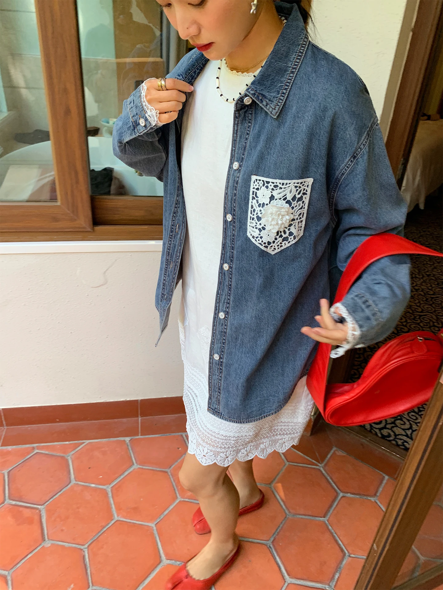 

Women's Denim Jaet 2025 New Lace Splicing Loose Jeans Cotton Collar Long Sve Pure Color Commute Sle Casual Outerwear